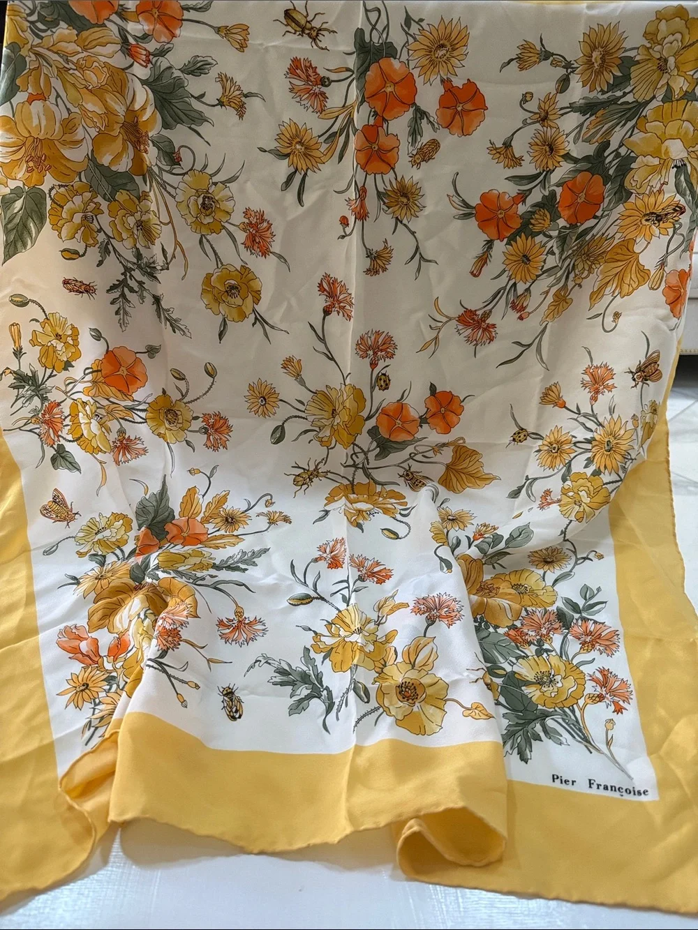 Pier Francoise Vintage Yellow Floral Silk Scarf 33” by 34”
